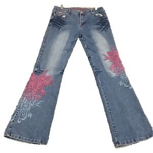 Y2K Platinum Plush Sz 11 Embroidered Pink Butterfly Details Moto Boot Cut Jeans
